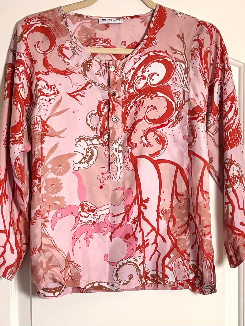 Nieves Lavi Coral Botanical Print Silk Tunic Blouse S/M